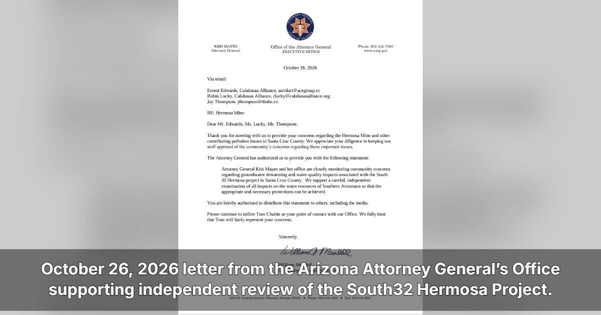 banner image for: Arizona Attorney General Kris Mayes Supports Independent Examination of South32 Hermosa Mining Project Water Impacts